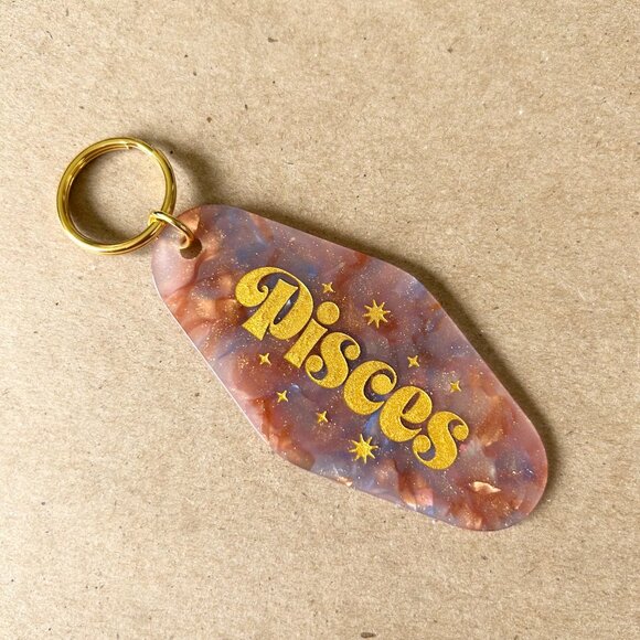 Accessories - Pisces Zodiac Astrology Resin Key Tag Keychain Gold Plated Brand New